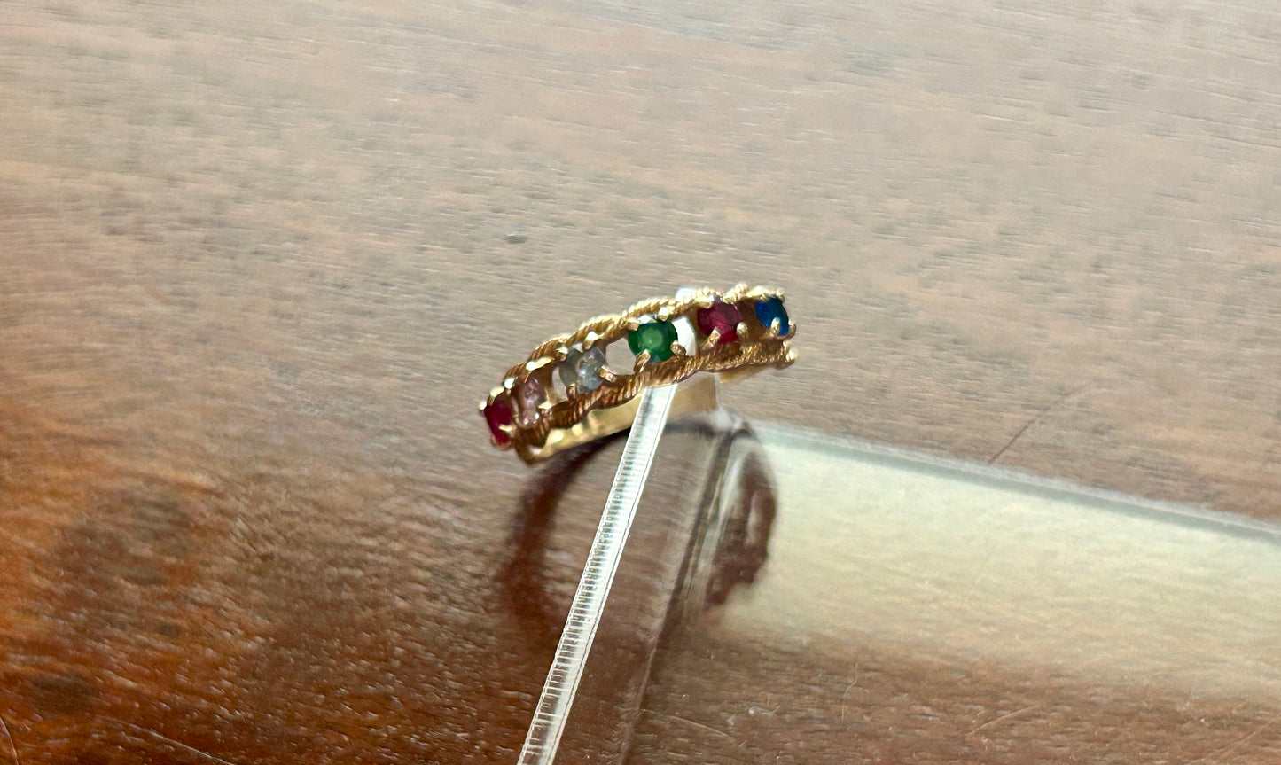 Vintage 10k Yellow Gold Multicolor Gemstone Rope Motif Band Ring Sz 8
