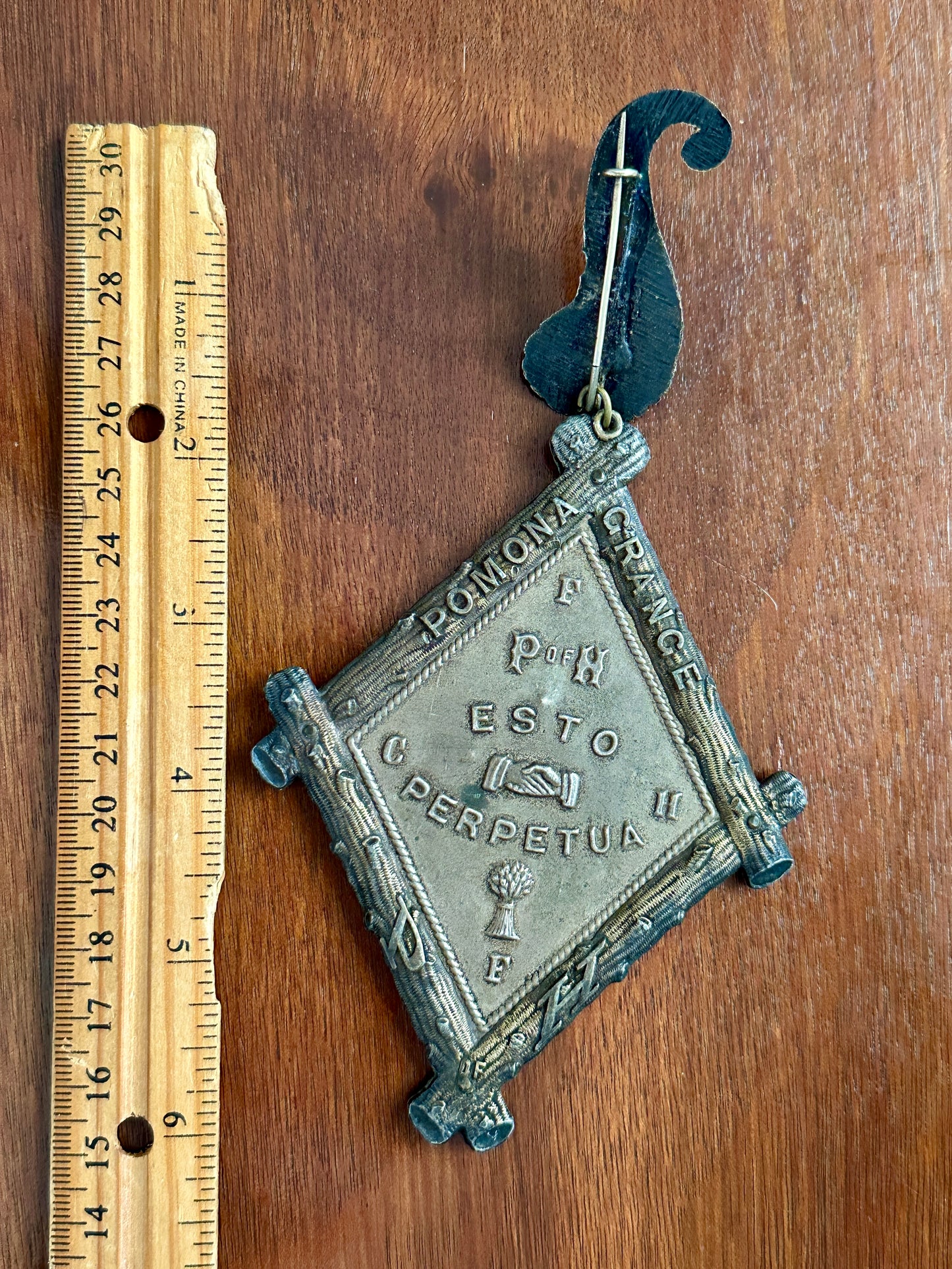 Antique Vintage Pomona Grange Large Green Velvet Cornucopia Brooch Pin Medal