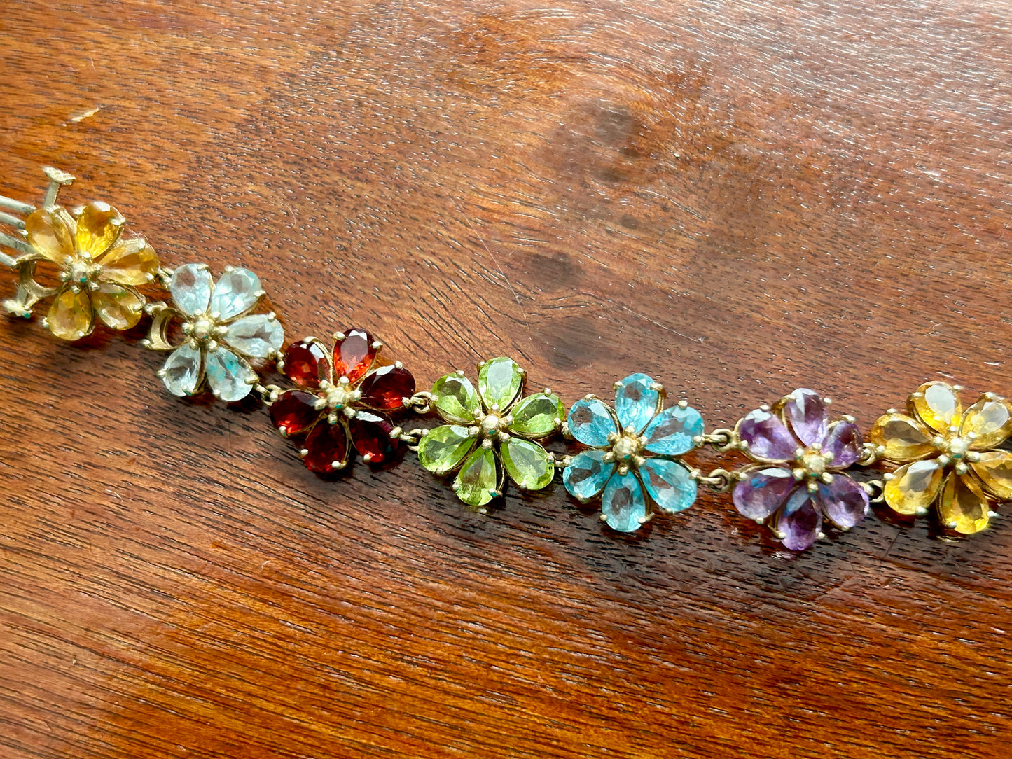 10k Yellow Gold Multicolor Gemstone Flower Tennis Bracelet MISSING STONES