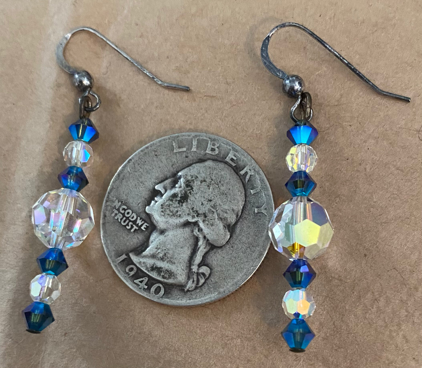 Sterling Silver 925 AB Aurora Borealis Blue Drop Dangly Pierced Earrings