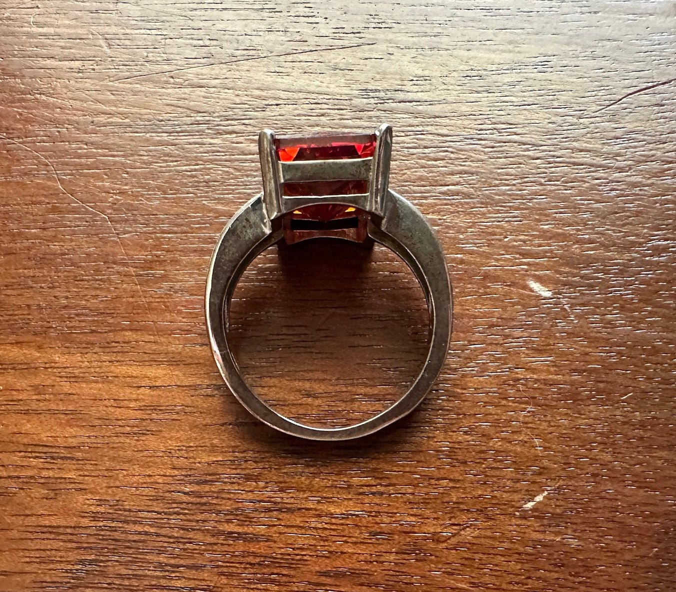 Sterling Silver 925 Large Rhinestone Emerald Cut Red Stone Cocktail Ring Sz 12