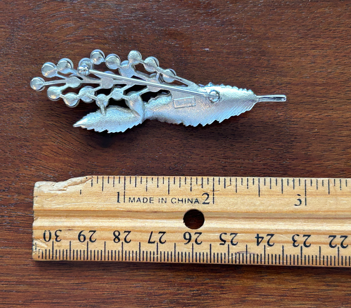 Vintage Signed Crown Trifari Silver Tone Pearl Branch Leaf Flower Brooch Pin