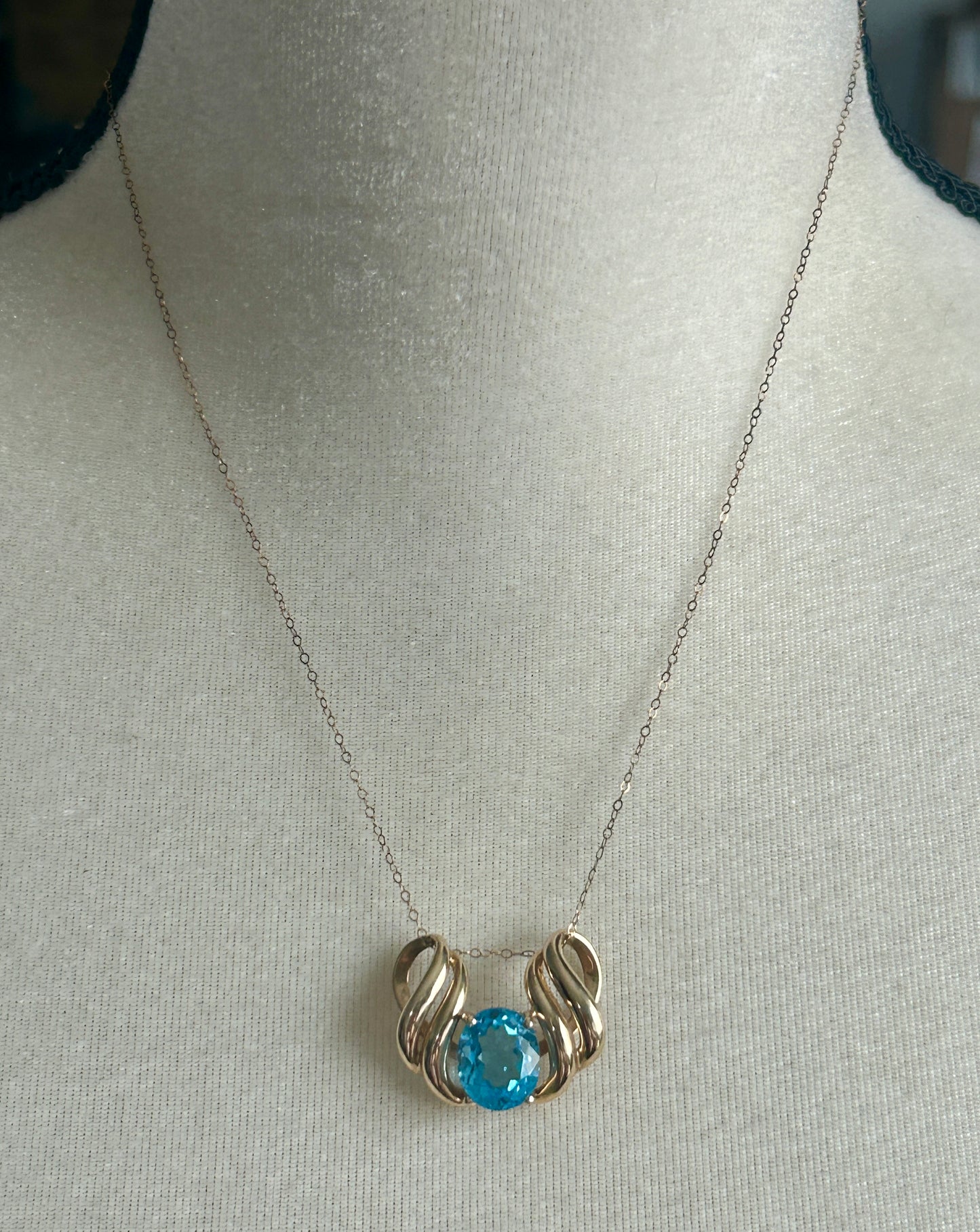 10k Yellow Gold Large Faceted Blue Topaz Slide Omega Necklace Pendant