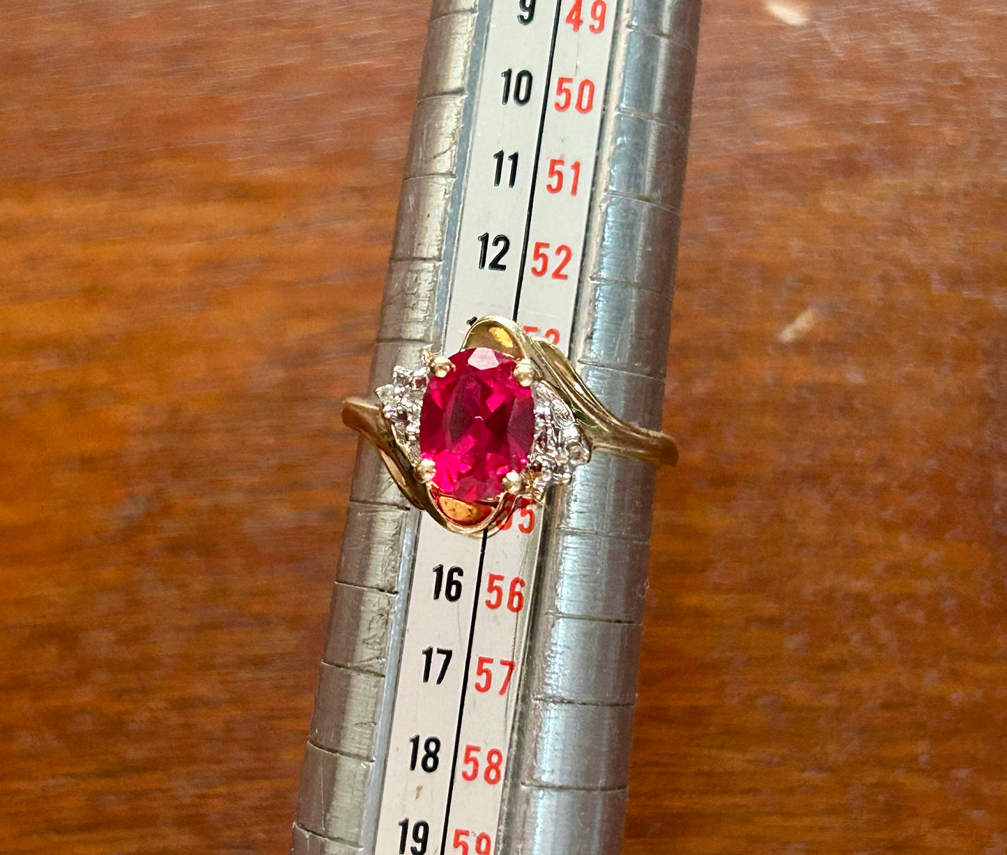 10k Yellow Gold Simulated Oval Ruby Diamond Accent Ring Sz 6.75