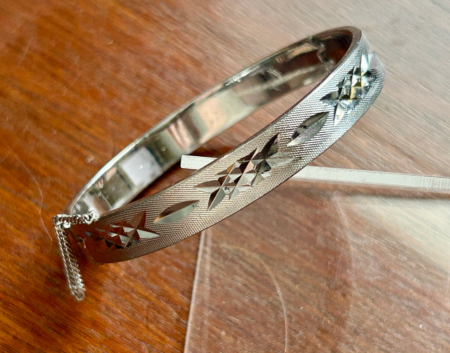 Vintage Silver Tone Bangle Bracelet Safety Clasp Engraved Design