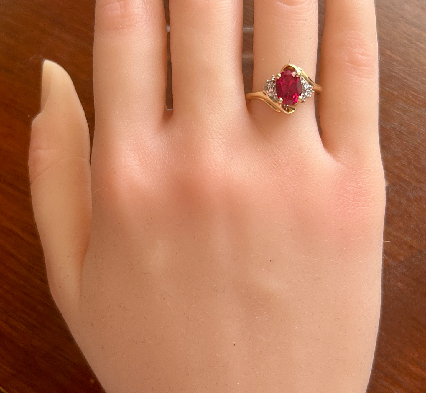 10k Yellow Gold Simulated Oval Ruby Diamond Accent Ring Sz 6.75