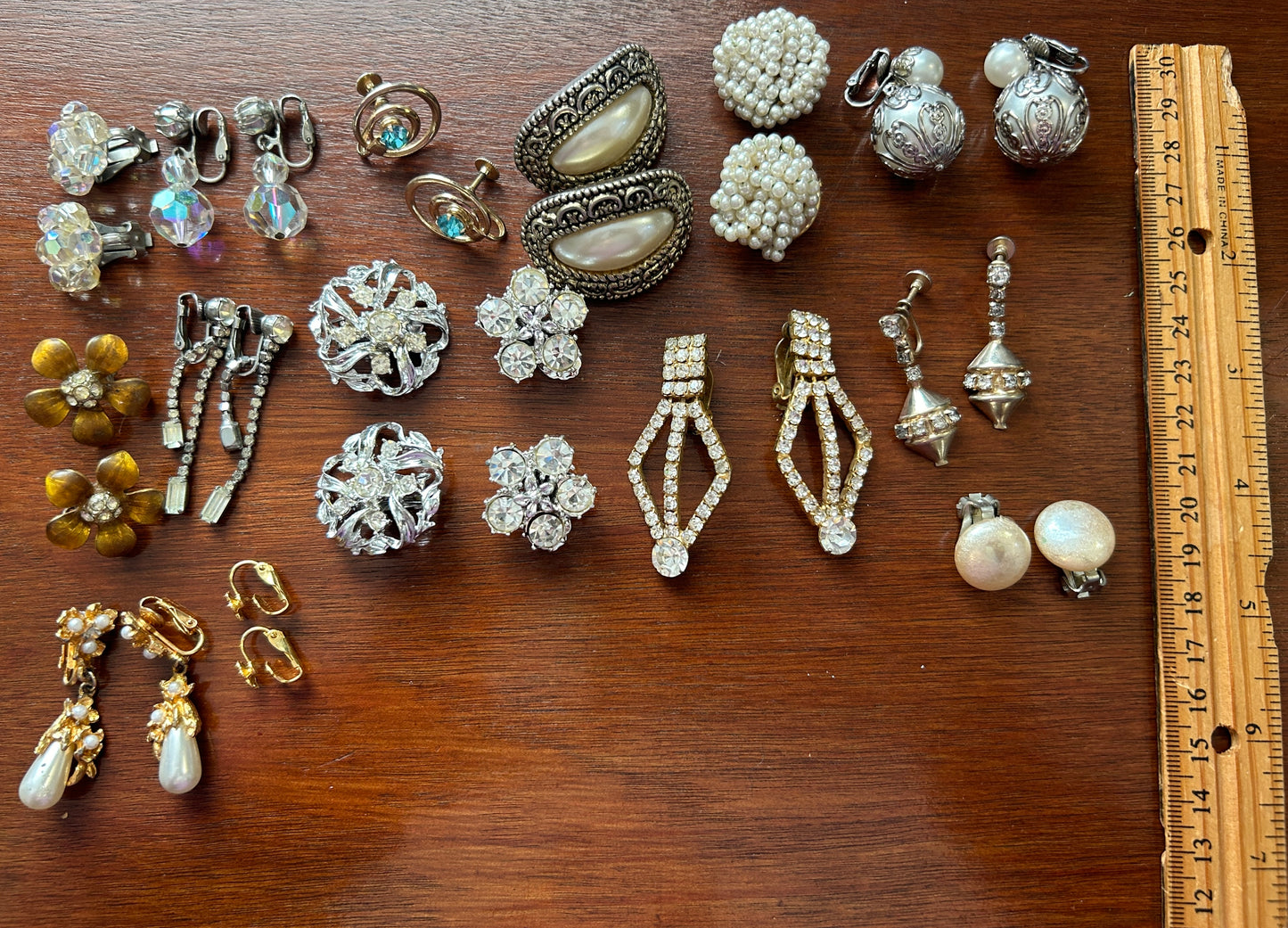 Vintage Clip On Earrings Earring Lot Rhinestone Aurora Borealis AB Glass Pearl