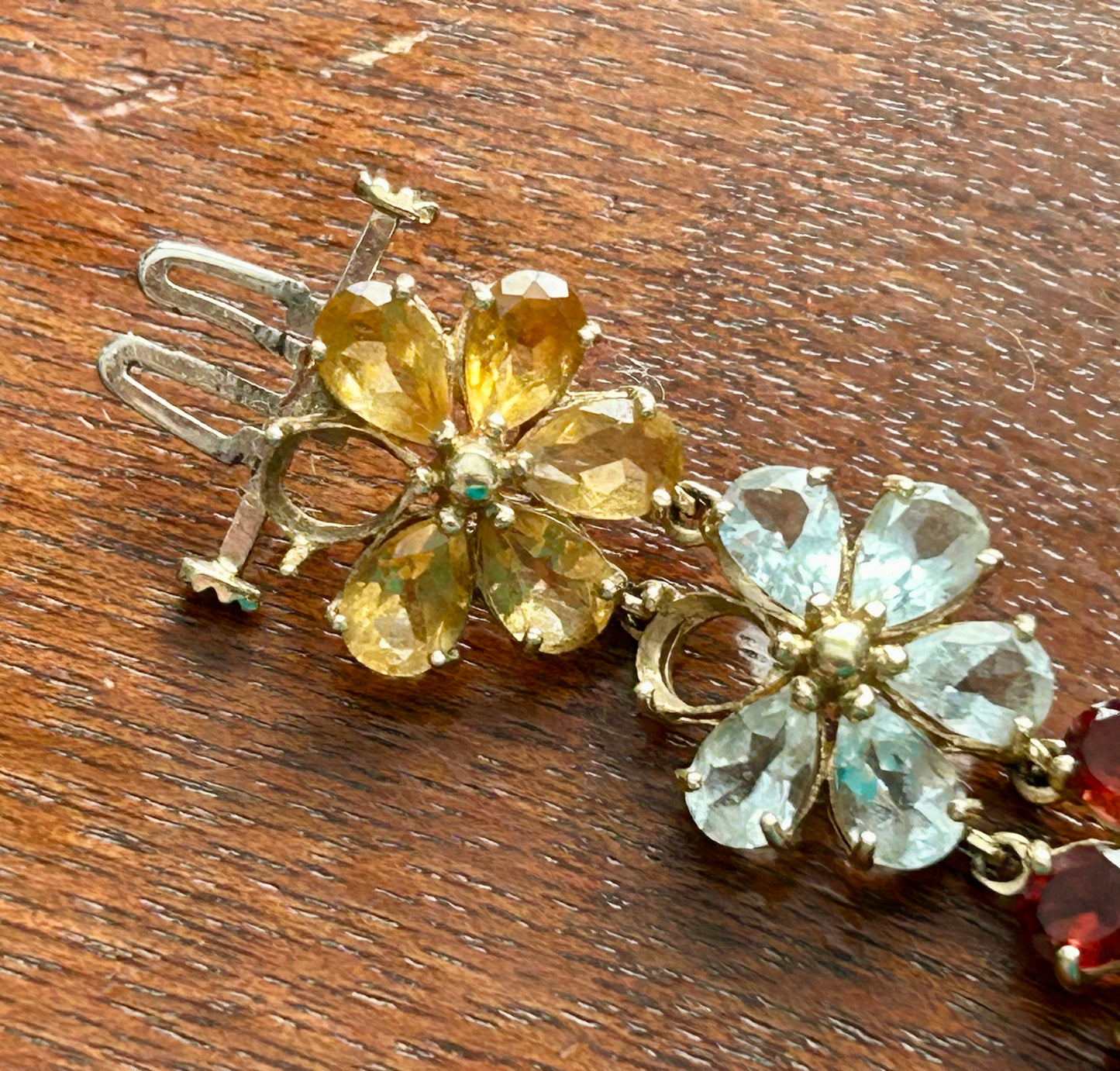 10k Yellow Gold Multicolor Gemstone Flower Tennis Bracelet MISSING STONES