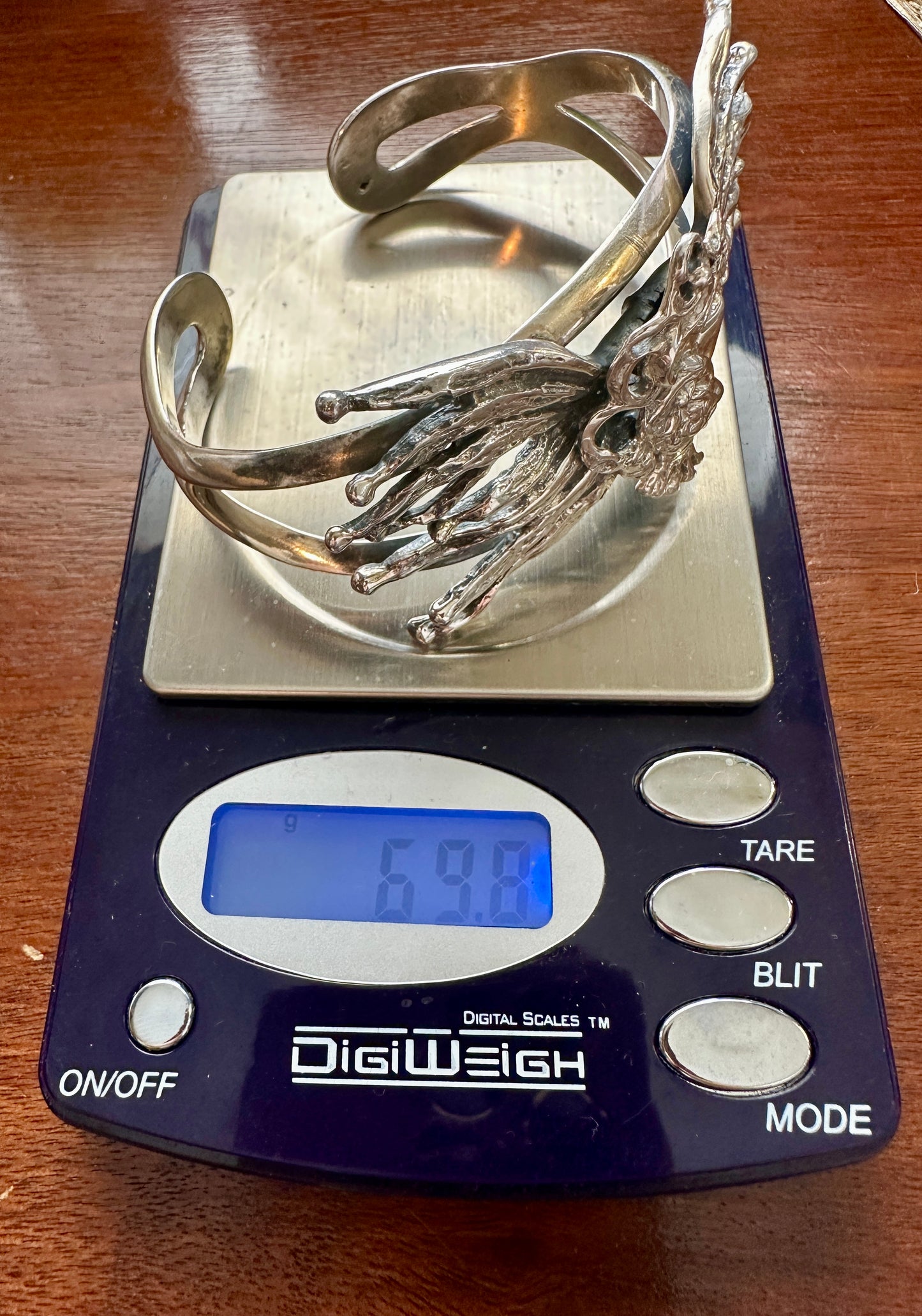 Vintage 950 Silver Brutalist Abstract Crowned Woman Cuff Bracelet Heavy