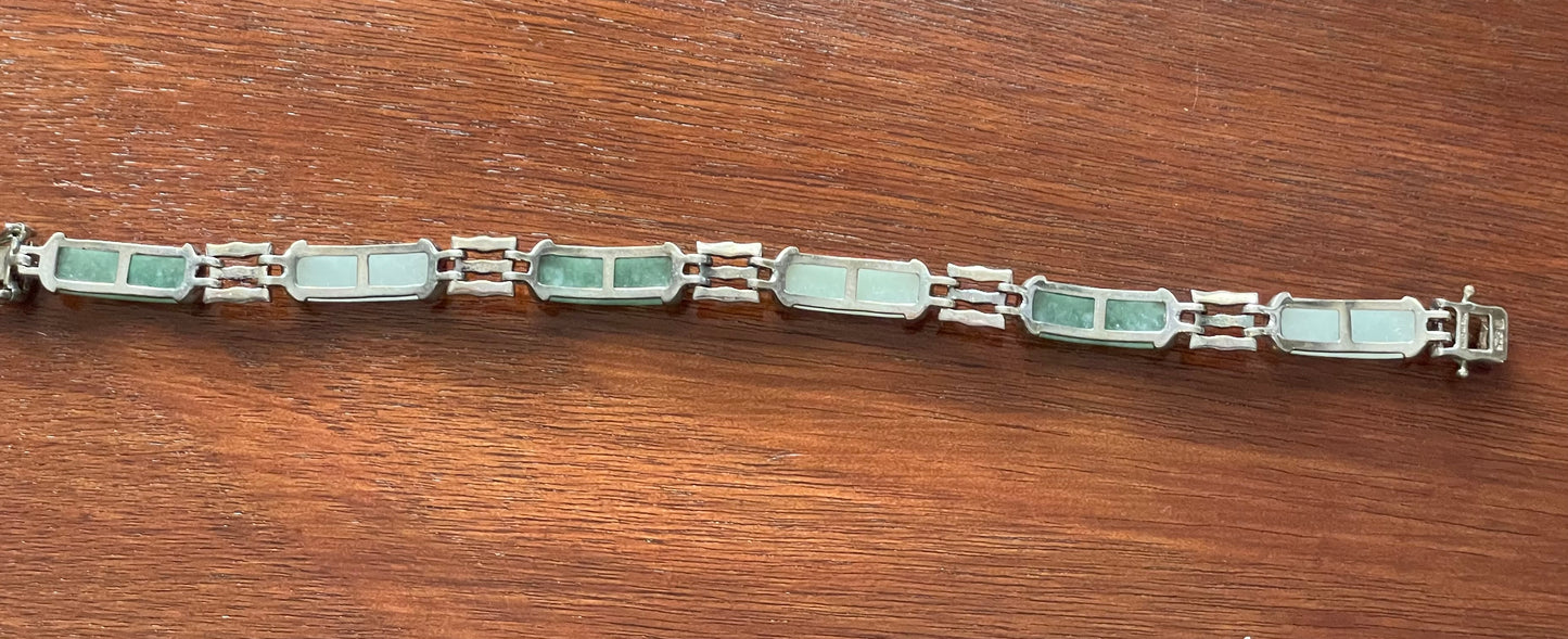 Vintage Sterling Silver 925 & Two Tone Jade Panel Bracelet Bambo Design