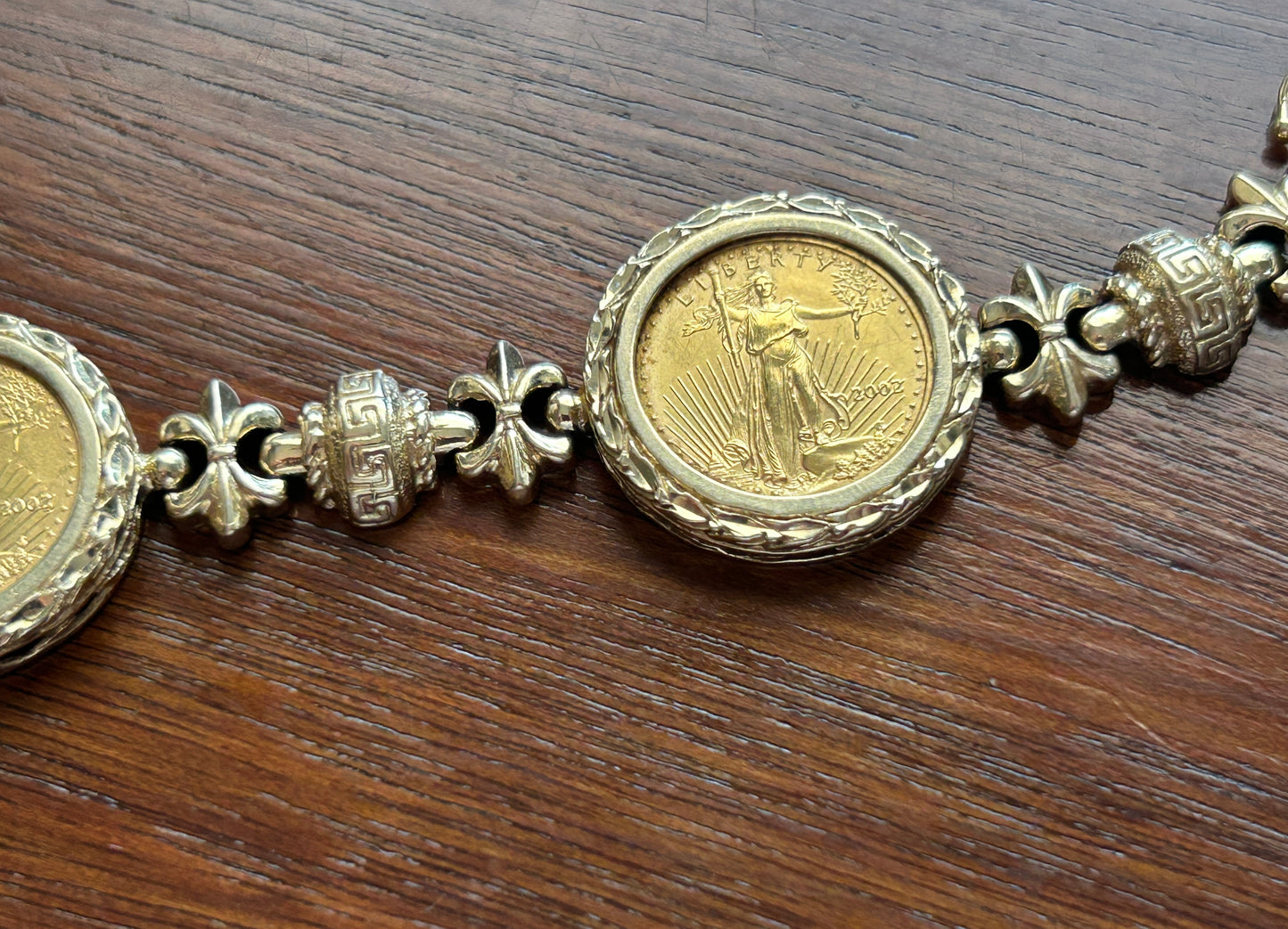 14k Yellow Gold 2002 1/10oz Fine Gold Liberty Coin Bracelet Greek Fleur De Lis