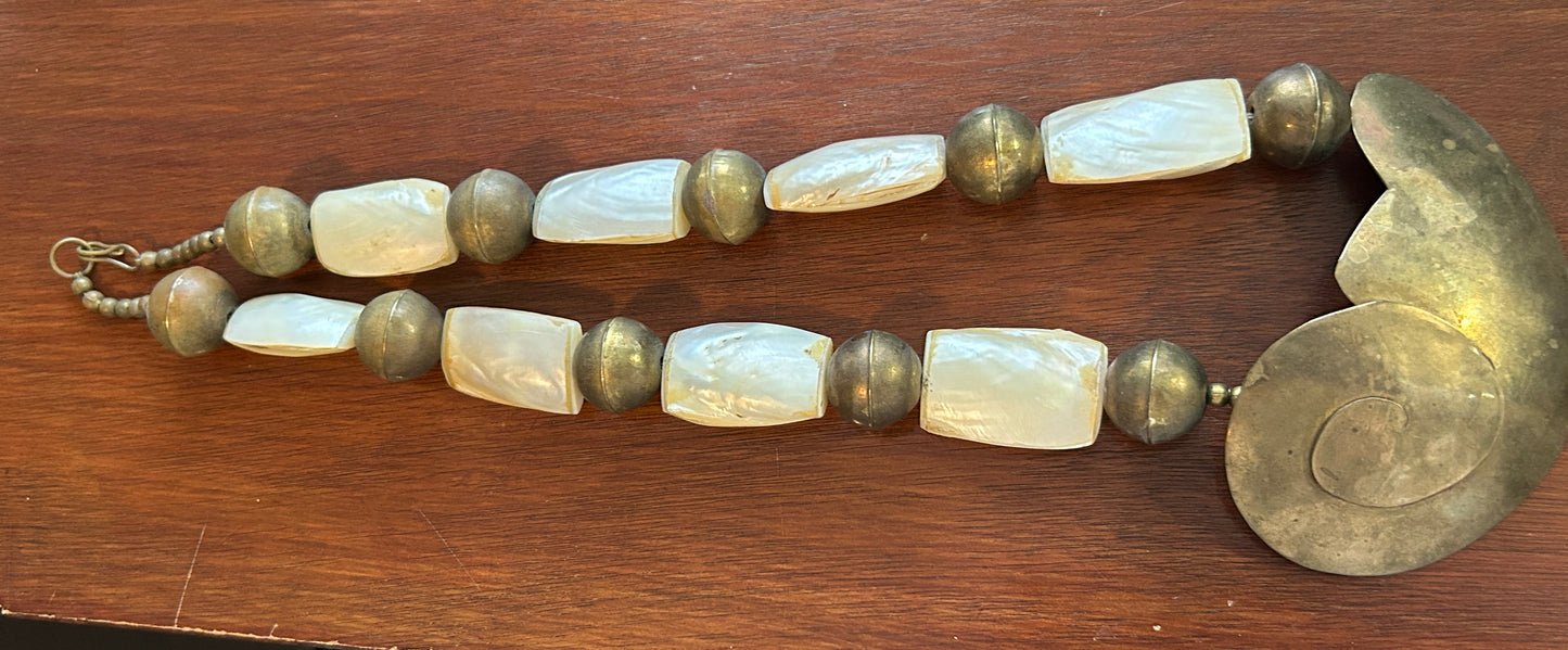 Vintage Brass MOP Mother of Pearl HUGE Tribal Island Style Necklace