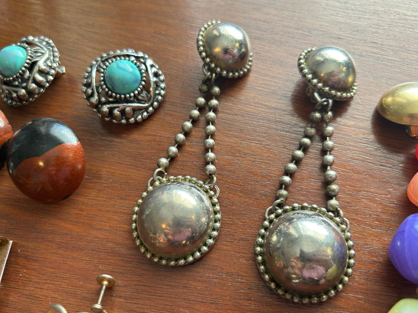 Vintage Clip On Earring Lot Doorknocker Silver Gold Boho Cabochon Wood Bead