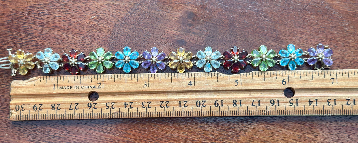 10k Yellow Gold Multicolor Gemstone Flower Tennis Bracelet MISSING STONES