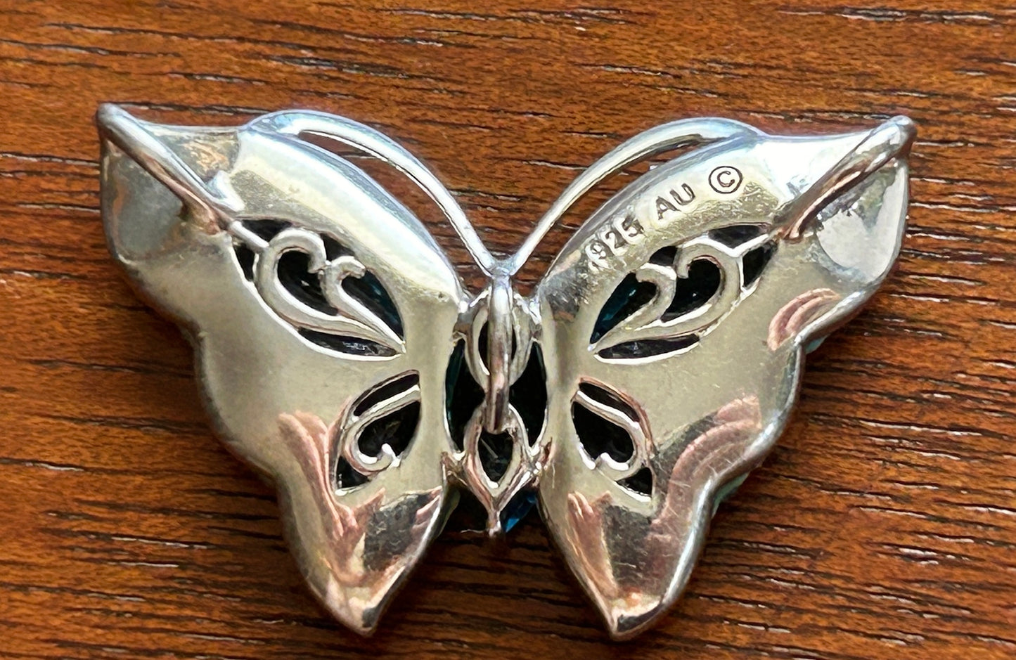 Signed AU Sterling Silver 925 Teal Blue Rhinestone Butterfly Slide Pendant