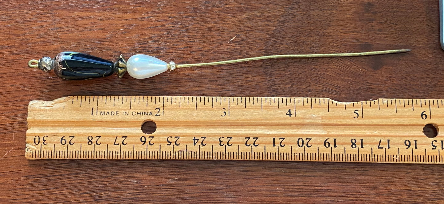 Vintage Art Glass Faux Pearl Large Long Hat Stick Pin