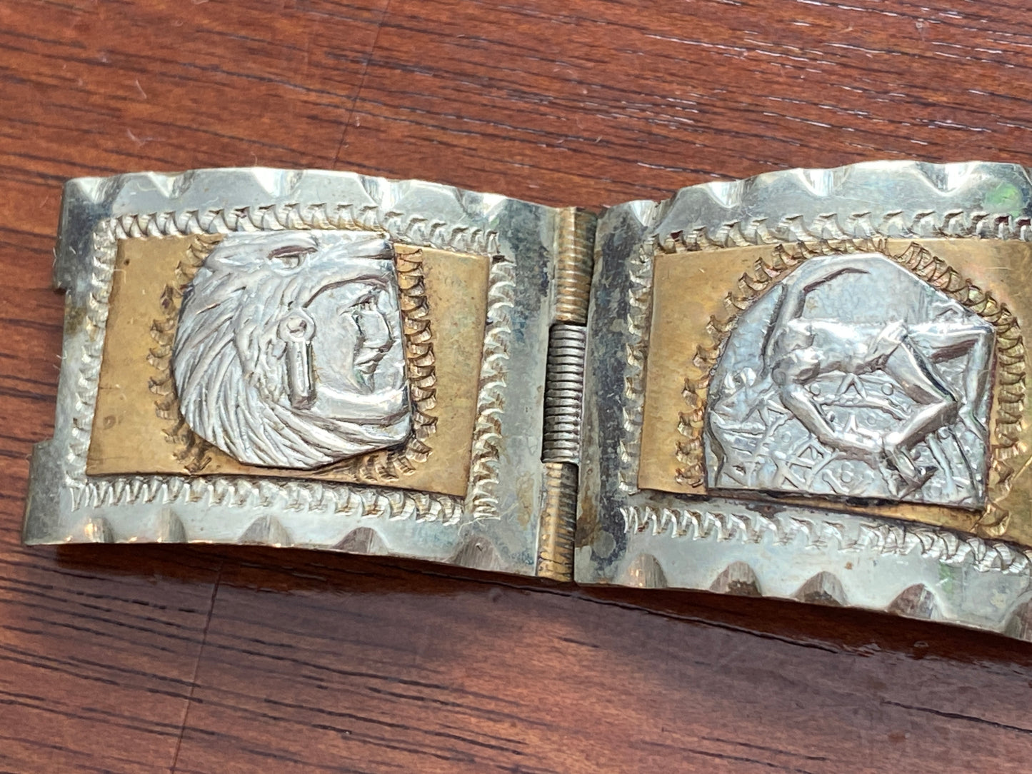 Vintage Taxco Sterling Silver 925 Brass Aztec Panel Bracelet