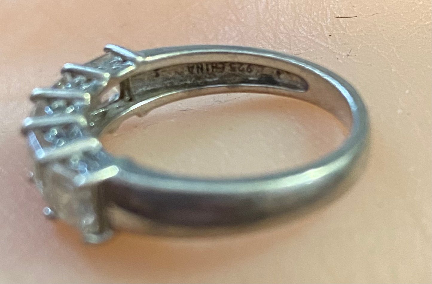 Sterling Silver 925 Princess Cut Rhinestone Ring Sz 7