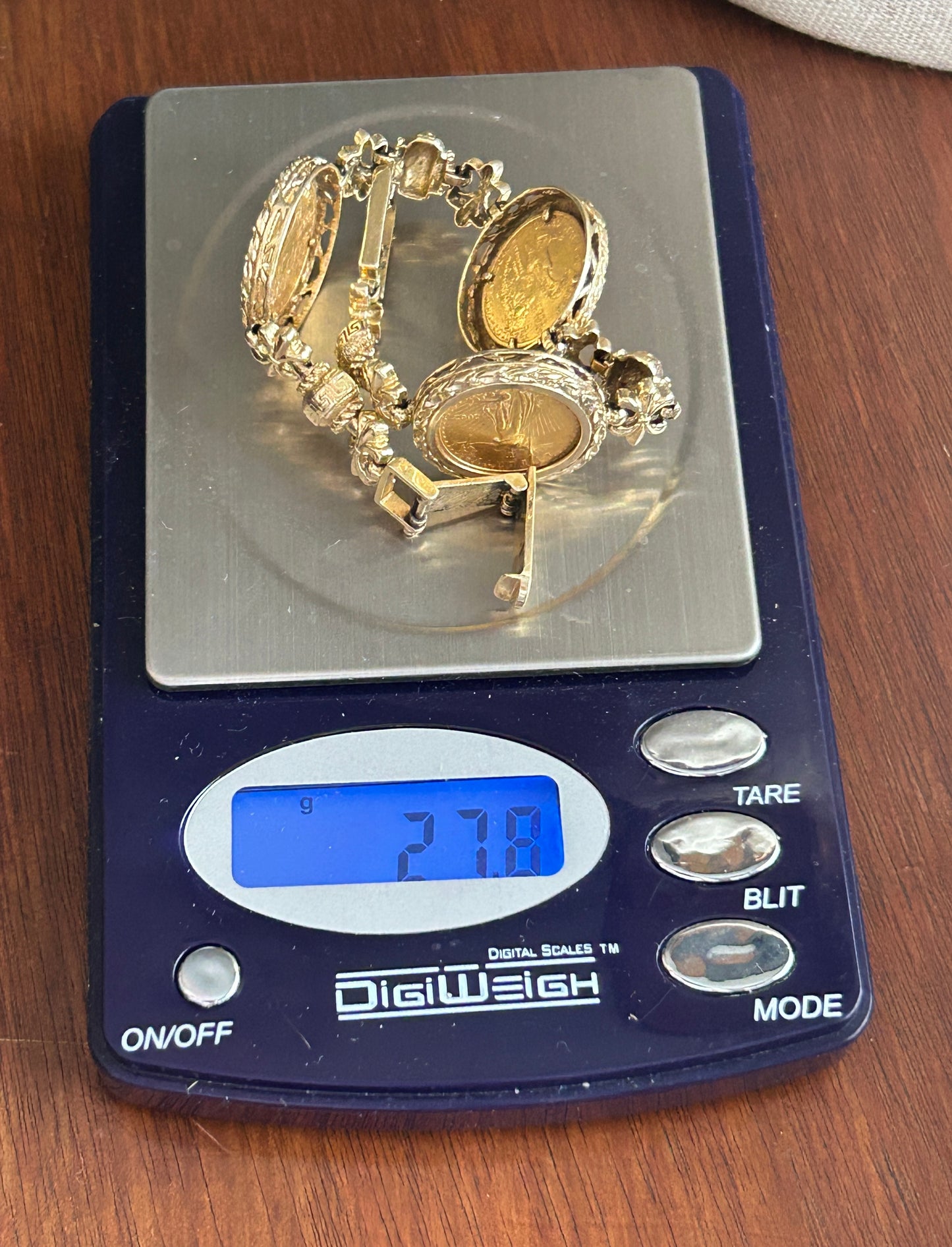 14k Yellow Gold 2002 1/10oz Fine Gold Liberty Coin Bracelet Greek Fleur De Lis