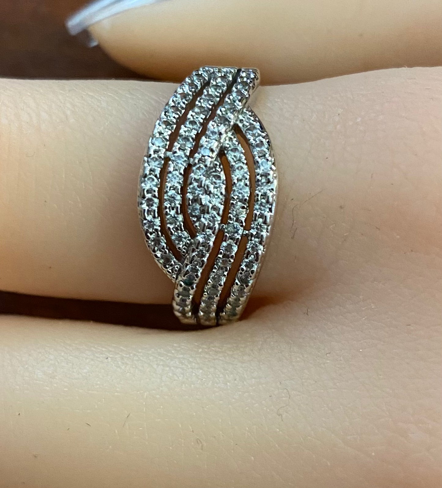 Sterling Silver 925 Rhinestone Pave Bypass Wave Style Ring Sz 10