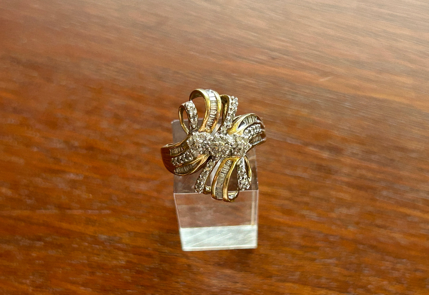 10k Yellow Gold Baguette Round .44ctw Diamond Ribbon Bow Ring Sz 7