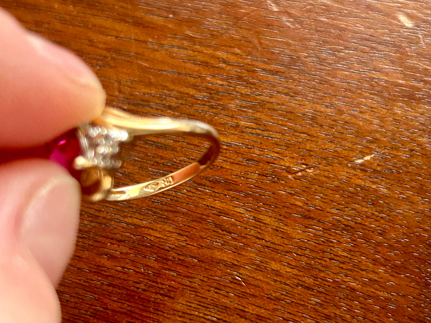10k Yellow Gold Simulated Oval Ruby Diamond Accent Ring Sz 6.75