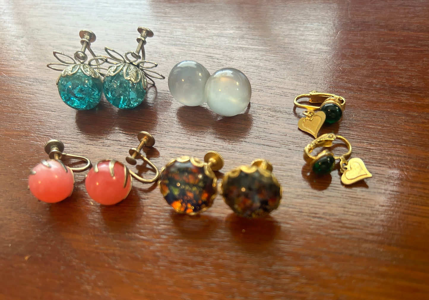 Vintage Clip On Screwback Earrings Lot Moonstone Low Cabochon Faux Opal Lucite