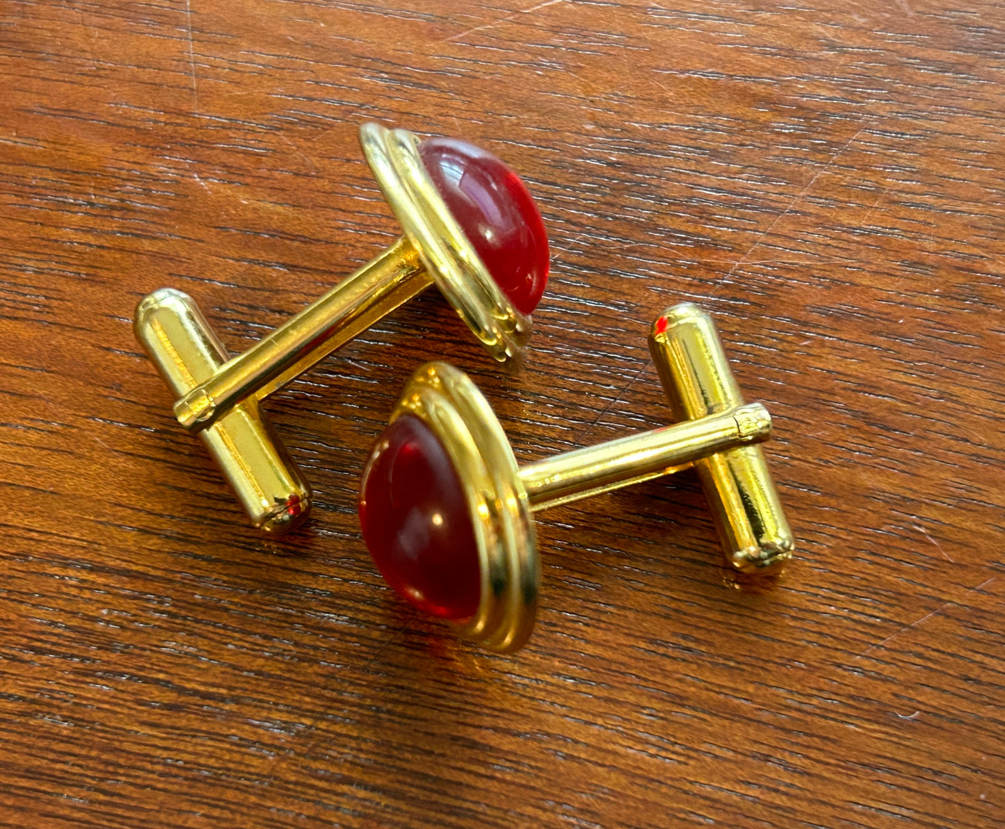 Vintage MCM Midcentury Gold Tone Red Glass Cabochon Cuff Links