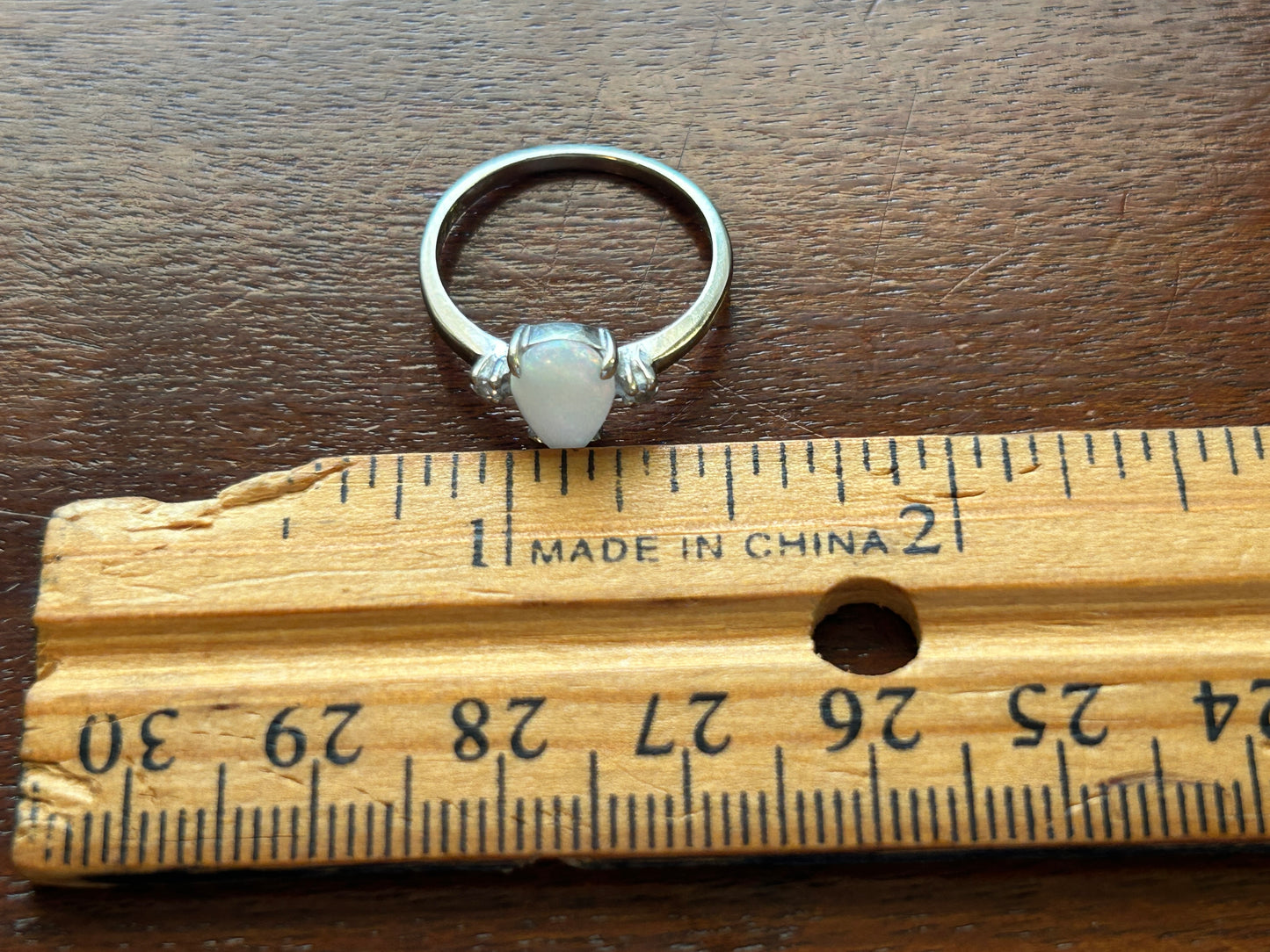 14k White Gold Pear Shaped Opal Diamond Accent Ring Sz 6.25