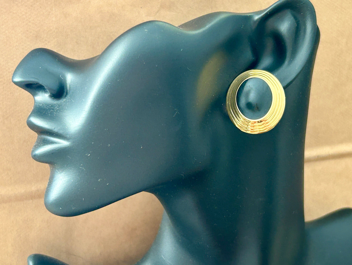 Vintage 80s Gold Tone Oval Black Pierced Earrings