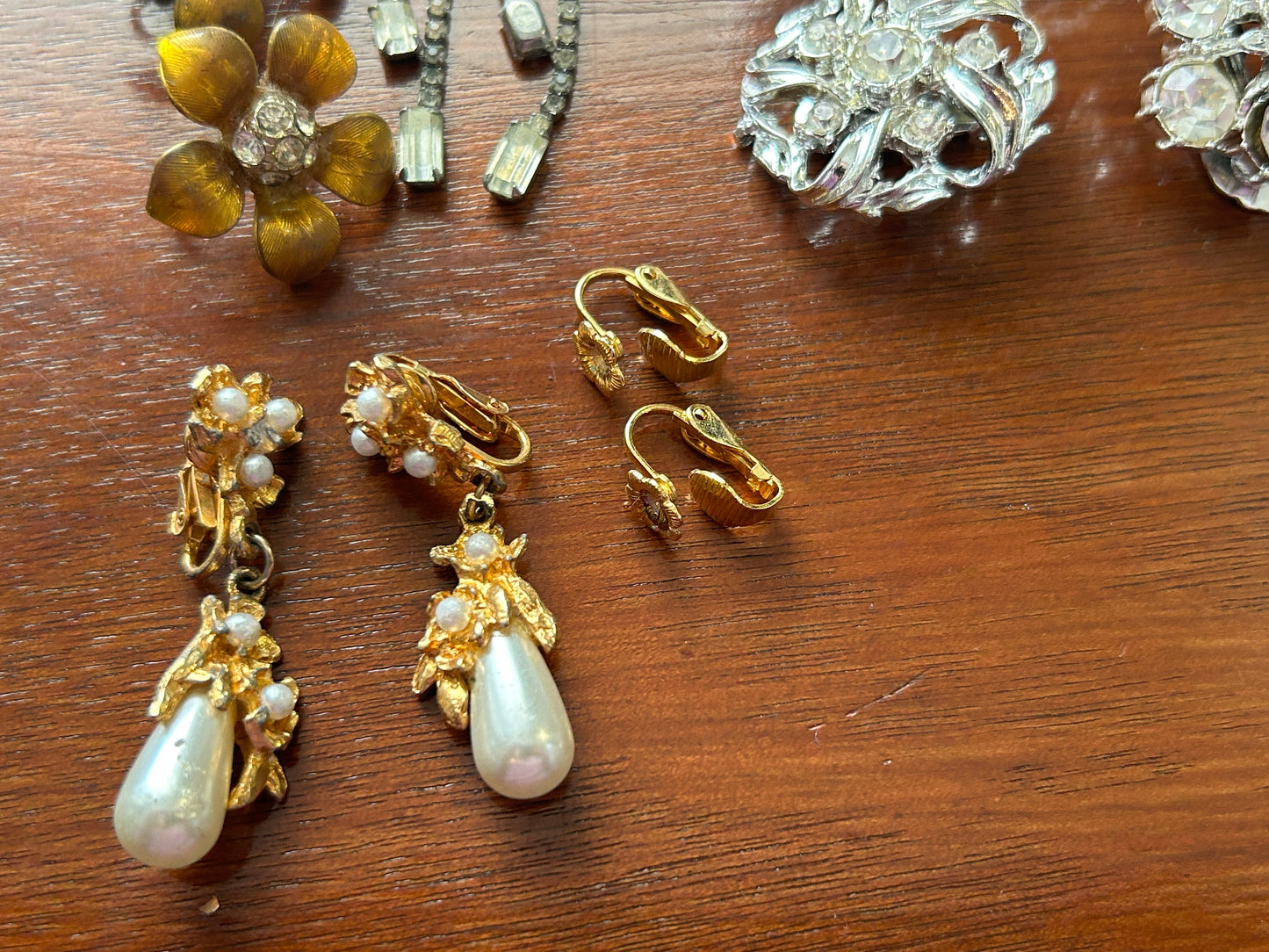 Vintage Clip On Earrings Earring Lot Rhinestone Aurora Borealis AB Glass Pearl