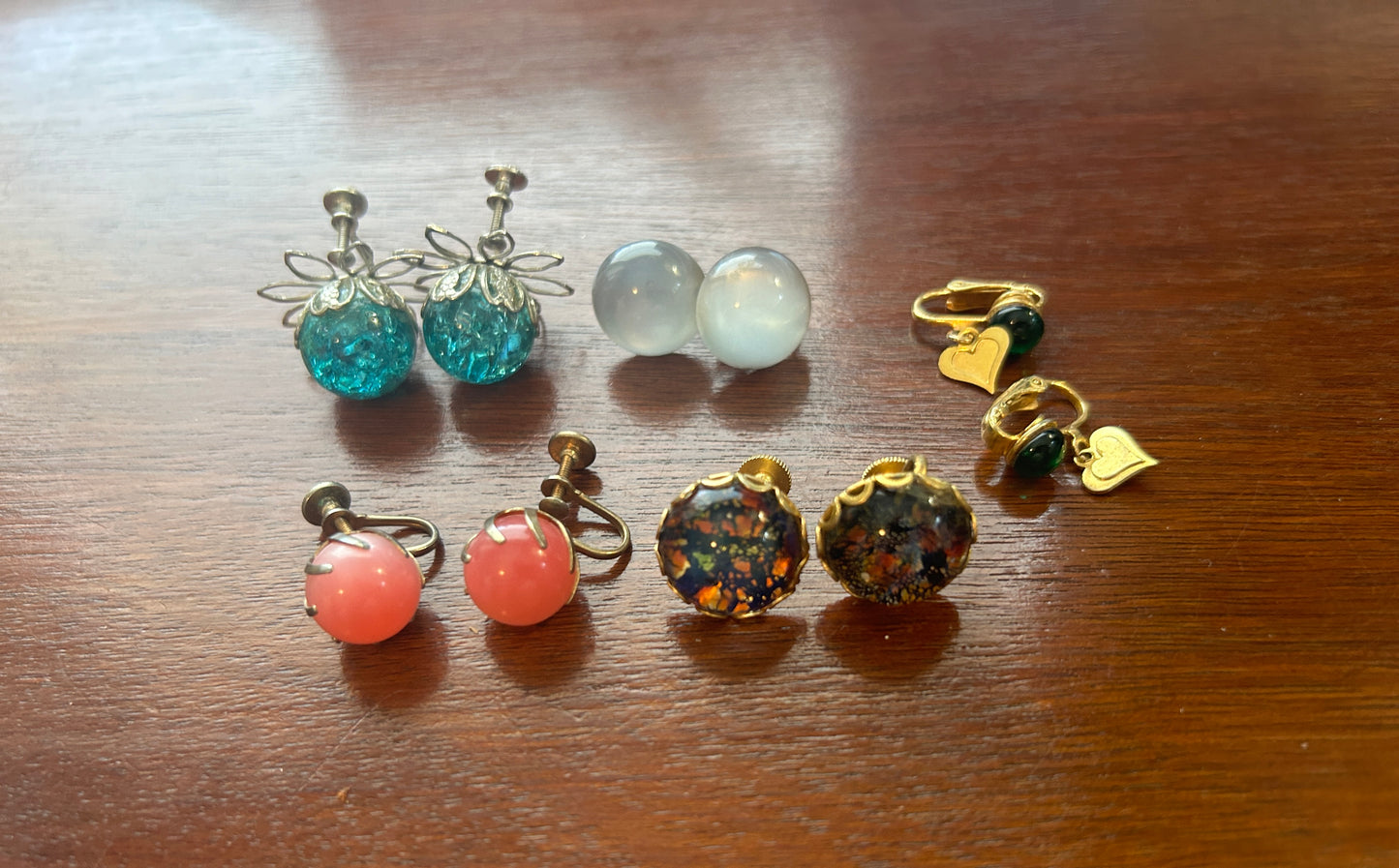 Vintage Clip On Screwback Earrings Lot Moonstone Low Cabochon Faux Opal Lucite