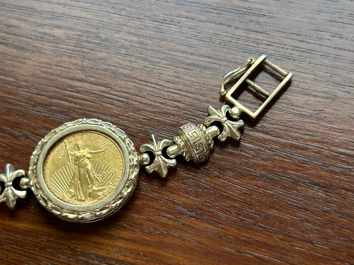 14k Yellow Gold 2002 1/10oz Fine Gold Liberty Coin Bracelet Greek Fleur De Lis