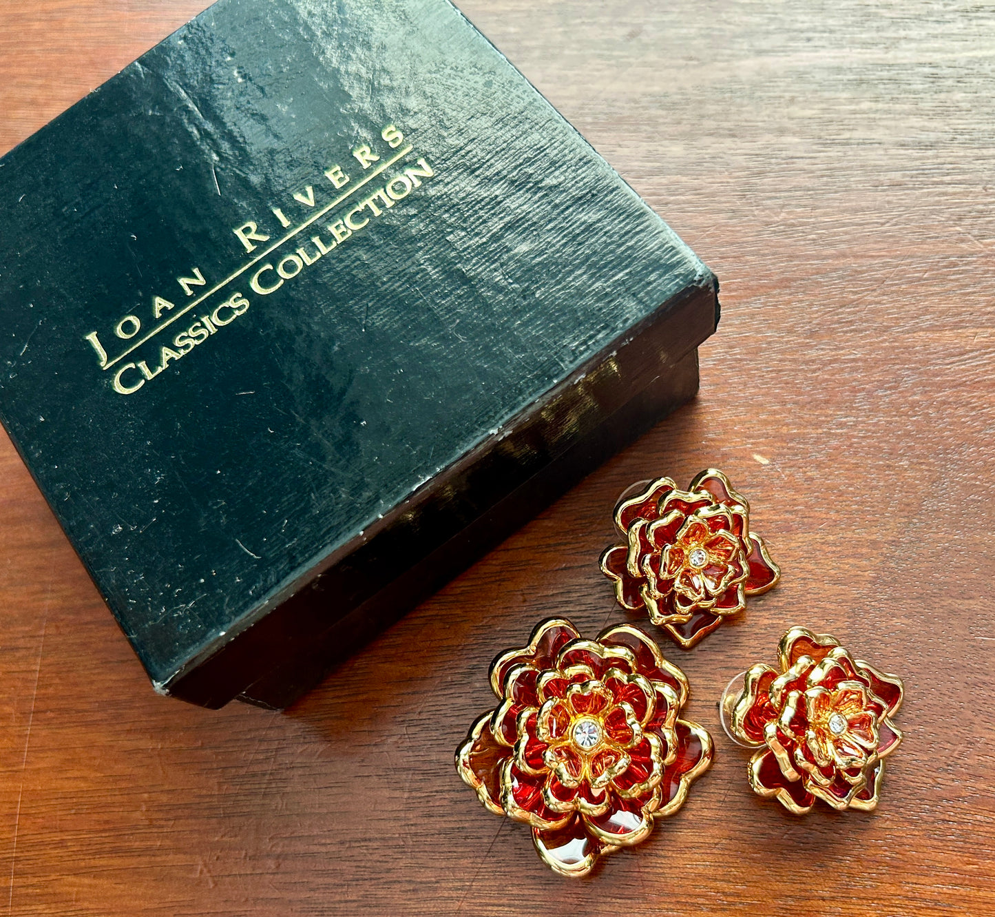 Vintage Joan Rivers Orange Glass Gripoix Flower Brooch Pierced Earrings Set