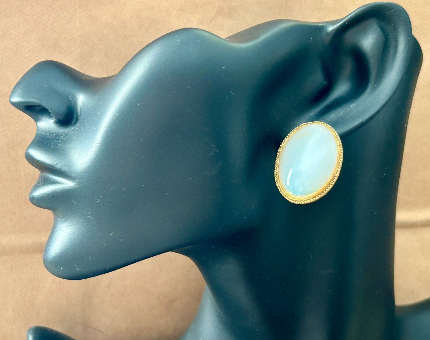 Vintage Gold Tone Milky Glass Moonstone Cabochon Pierced Earrings