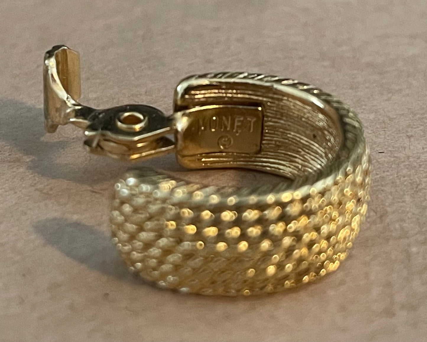 Vintage Gold Tone Monet Rope Design Clip on Hoop Earrings
