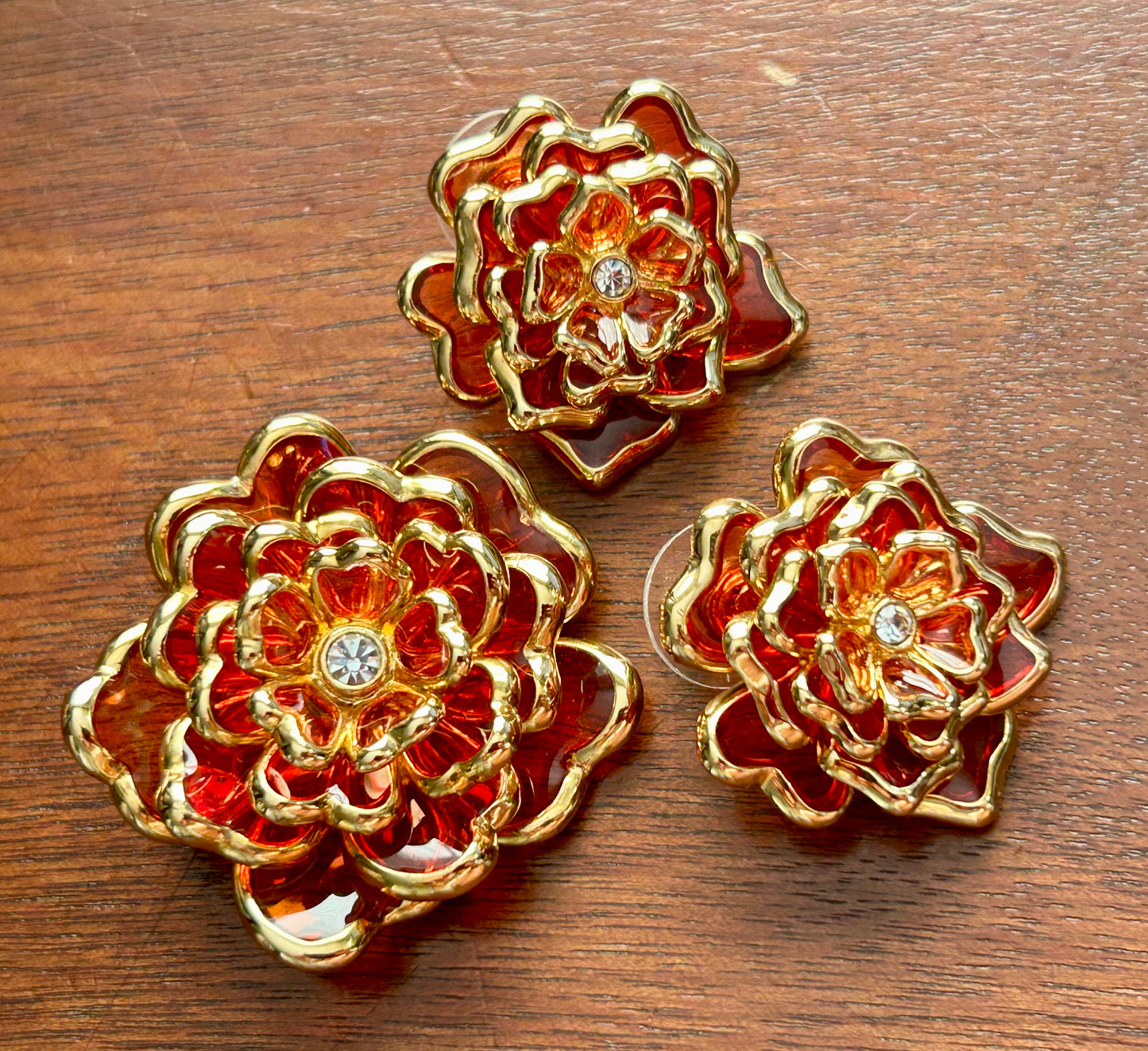 Vintage Joan Rivers Orange Glass Gripoix Flower Brooch Pierced Earrings Set