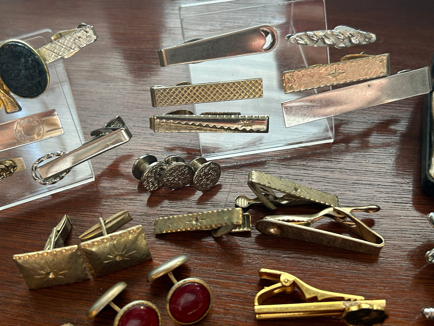 Vintage Cufflinks Tie Clip Tie Tack Gold Silver Tone Rhinestone Midcentury MCM