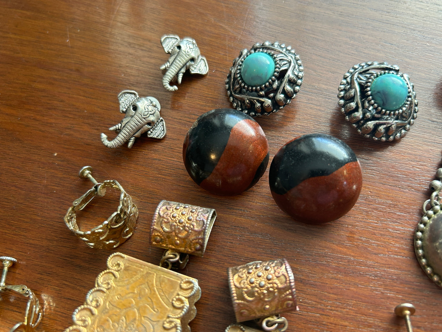 Vintage Clip On Earring Lot Doorknocker Silver Gold Boho Cabochon Wood Bead