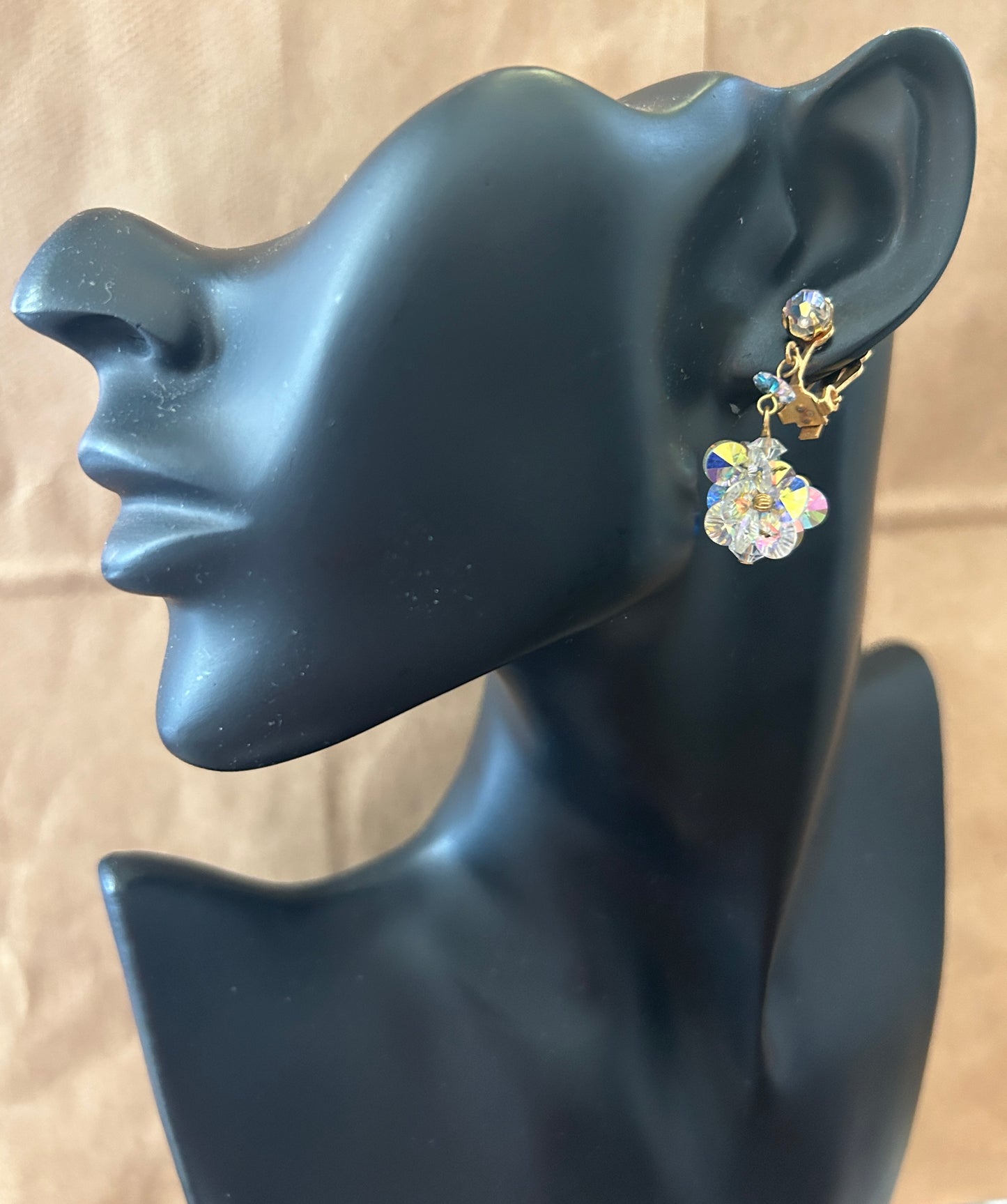 Vintage Gold Tone AB Aurora Borealis Faceted Beaded Dangly Clip on Earrings