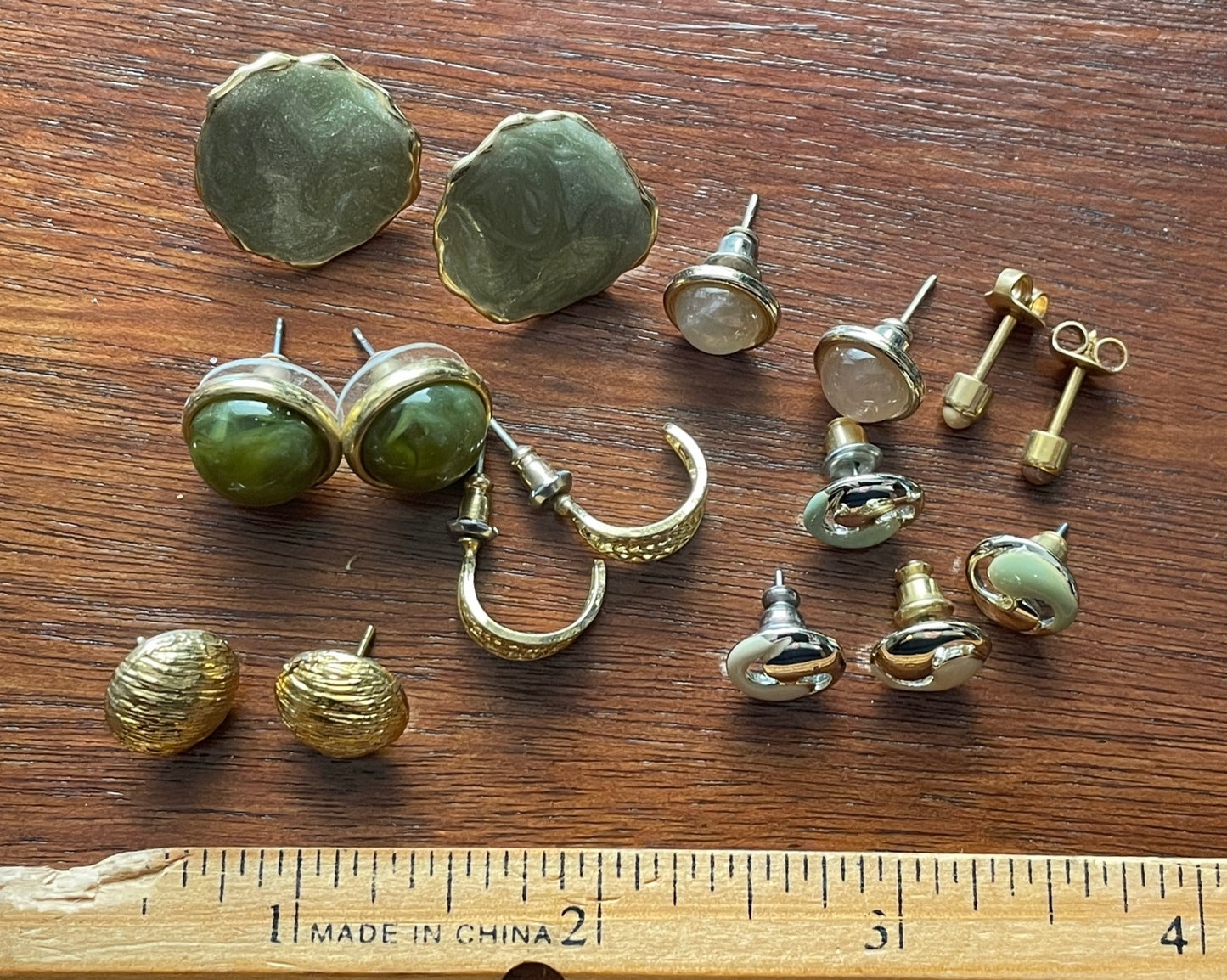Vintage to Now Gold Silver Tone Stud Earrings Cabochon Green Pierced Hoop Rose
