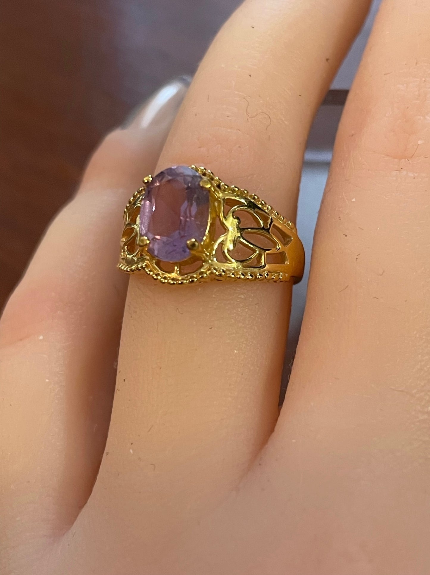 Designer LIND 14k Yellow Gold HGE Amethyst Filigree Ring Sz 6.75