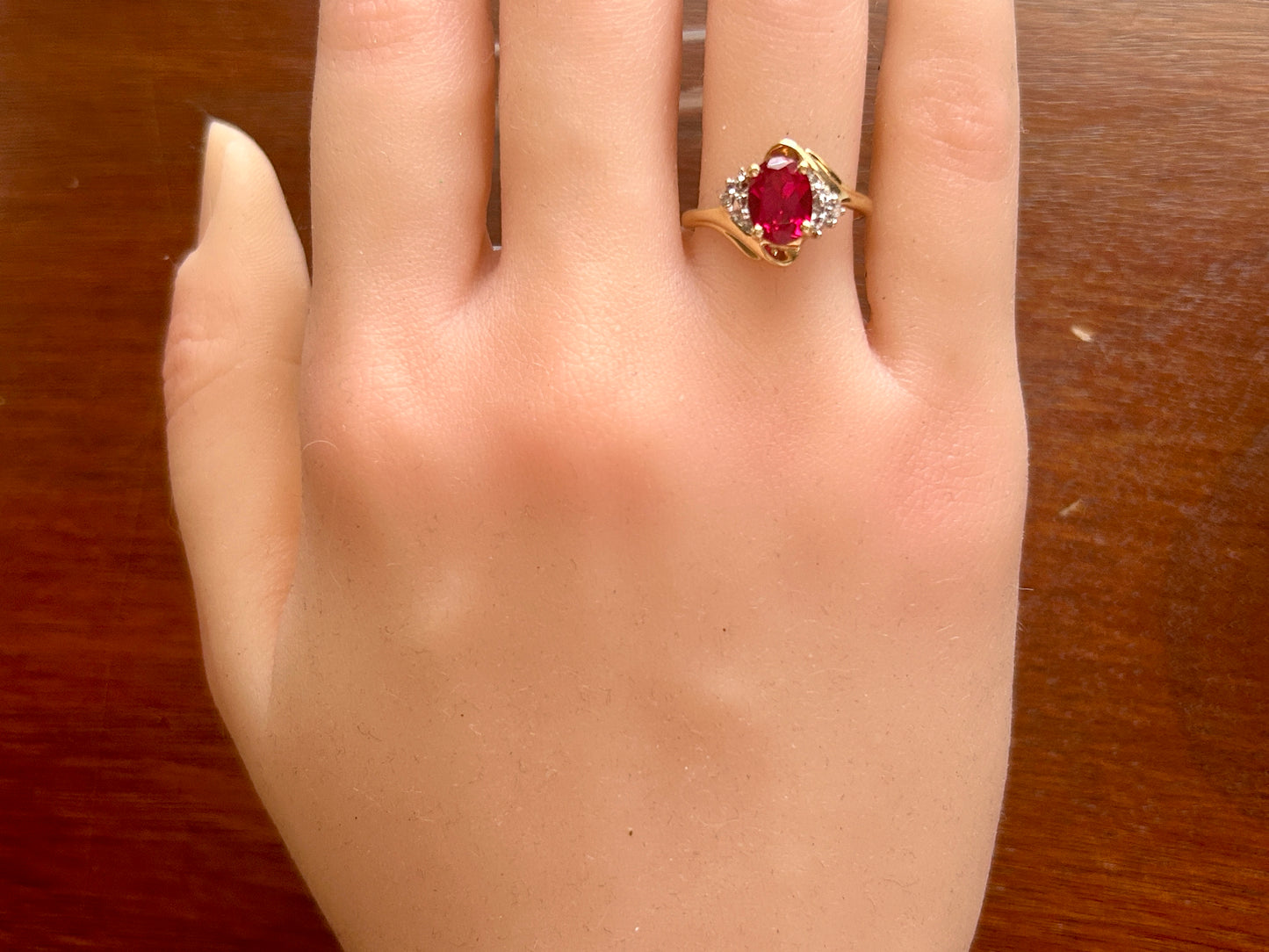 10k Yellow Gold Simulated Oval Ruby Diamond Accent Ring Sz 6.75