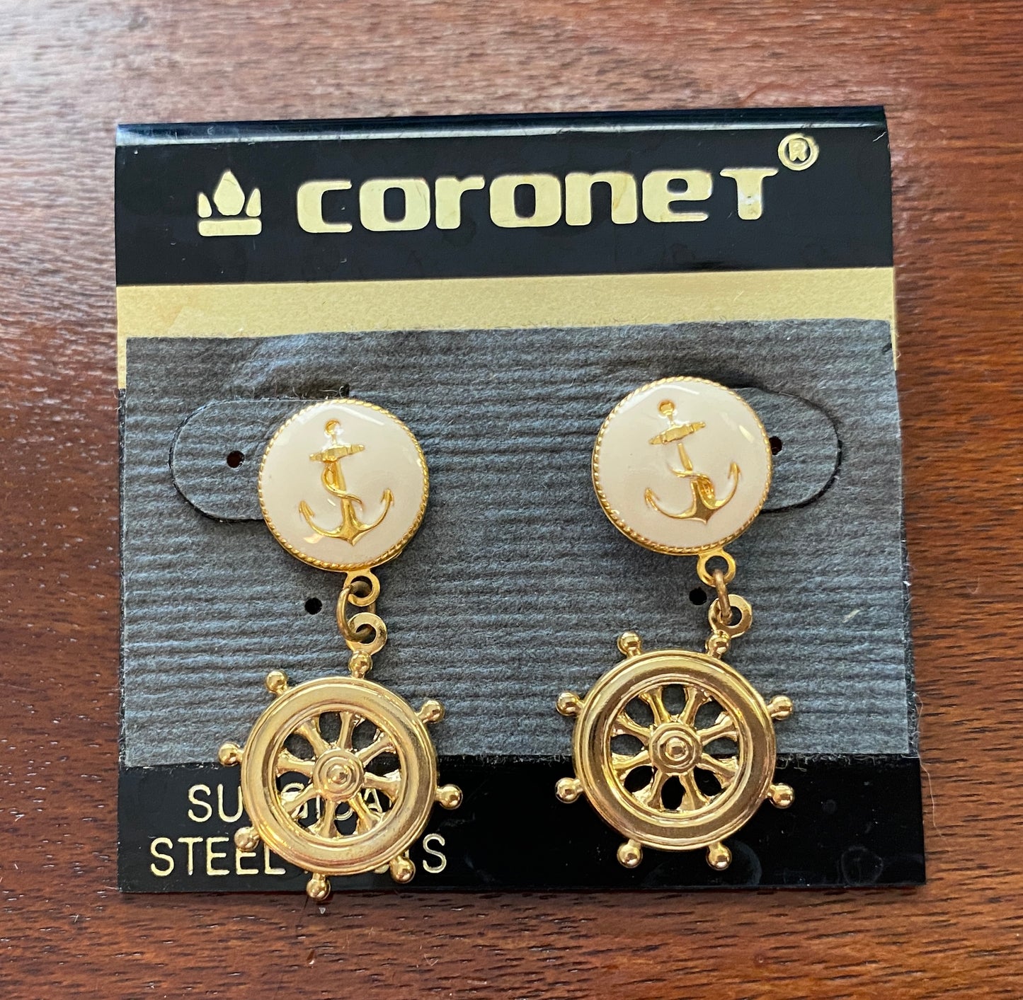 Vintage Coronet Nautical Ship Wheel Boat Gold Tone Enamel Pierced Earrings