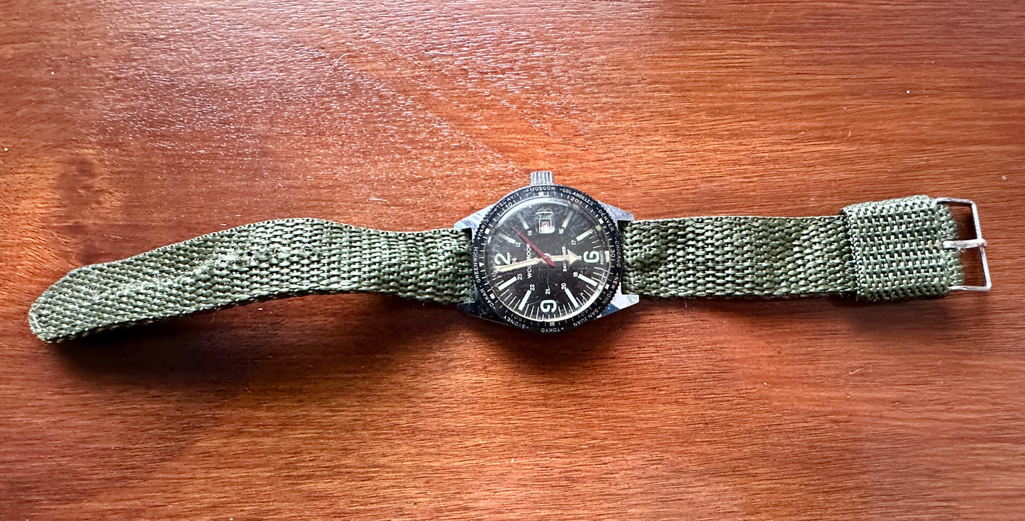 Vintage Rare French Wolbrook Skin Diver Watch Runs Great France Worldtime