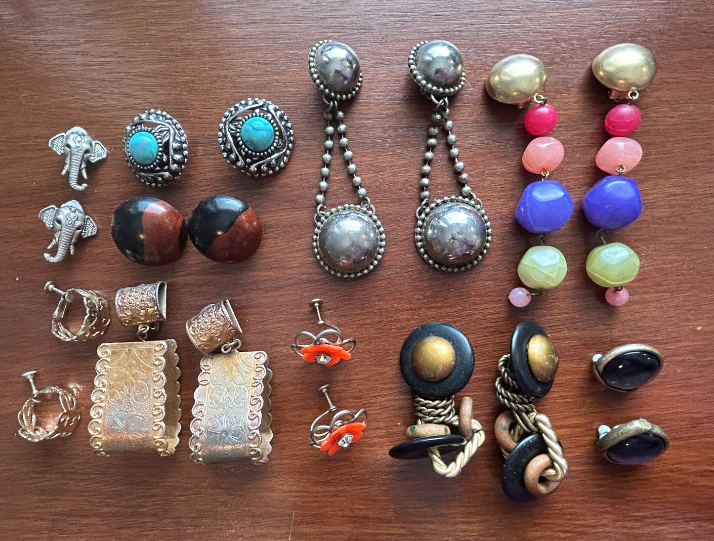 Vintage Clip On Earring Lot Doorknocker Silver Gold Boho Cabochon Wood Bead
