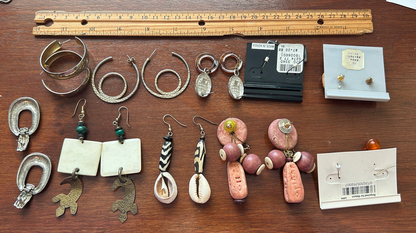 Vintage to Now Boho Artist Pierced Earrings Wood Glazed Beads Shell Malachite