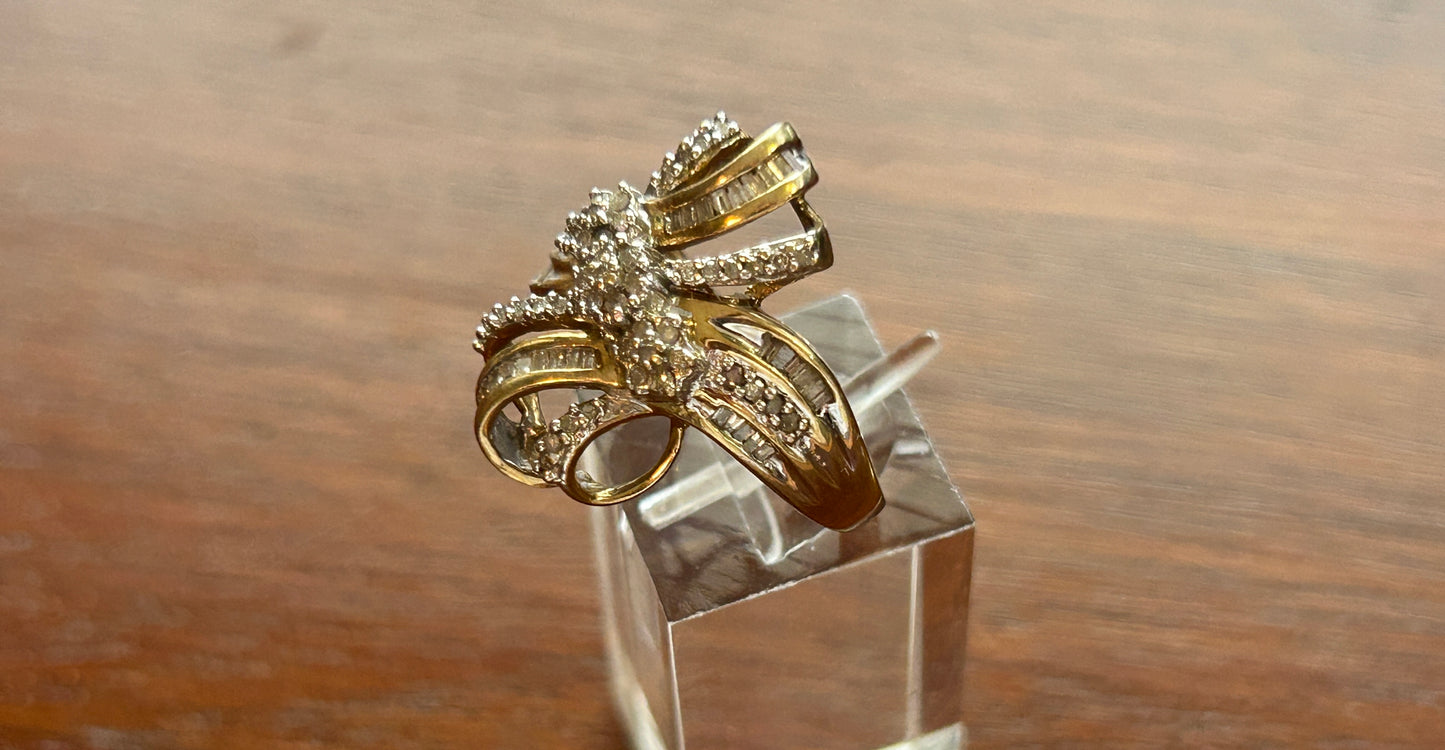 10k Yellow Gold Baguette Round .44ctw Diamond Ribbon Bow Ring Sz 7