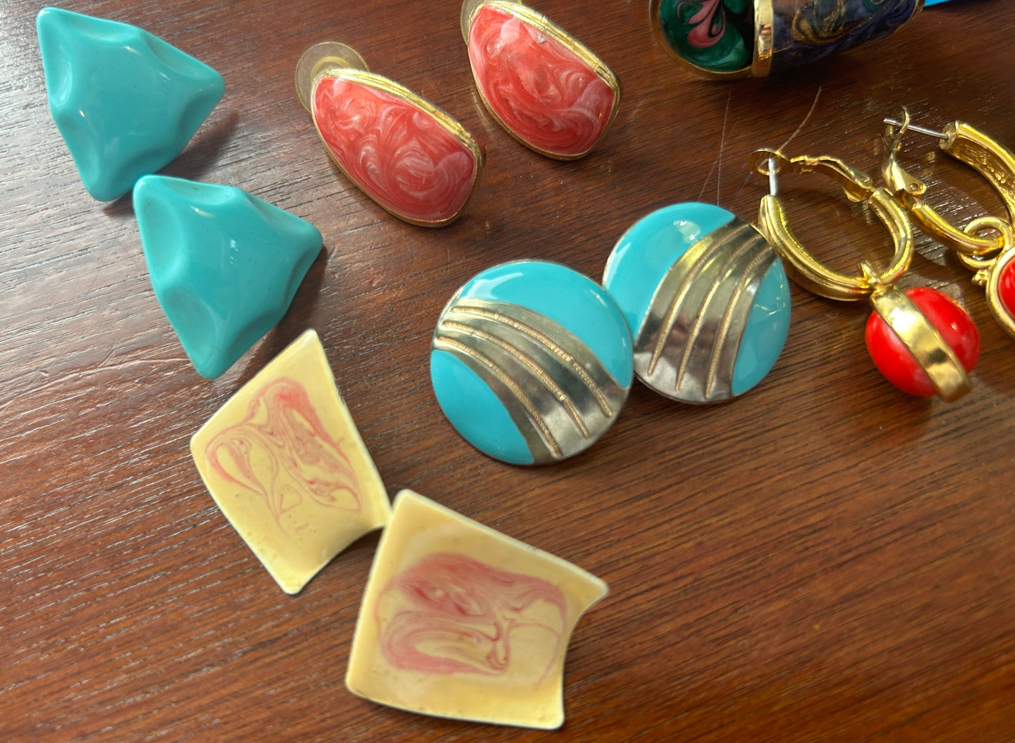 Vintage 80's Pierced Earrings Lot Enamel Swirl Bright Colors Dangly Doorknockers