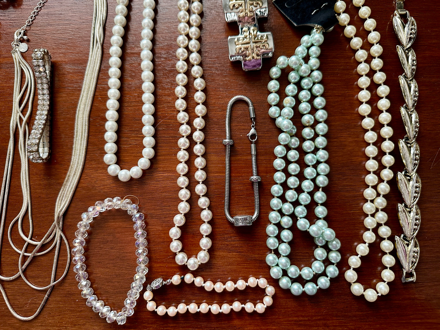 Vintage to Now Jewelry Lot Faux Pearl Gold Silver Rhinestone Chains Earrings